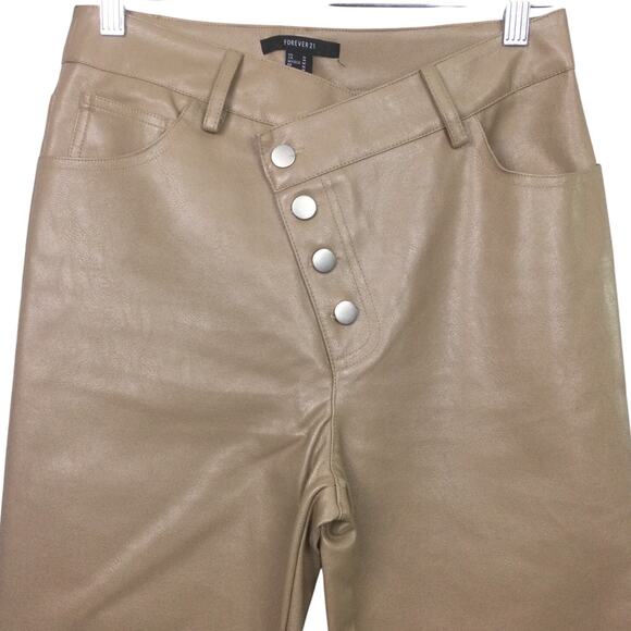 Forever 21 Asymmetric Button Front Straight Leg Tan Vegan Straight Leg Pant M - Picture 1 of 14